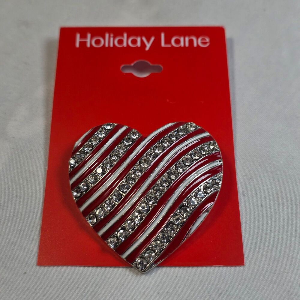 Holiday Lane Macy's Crystal Heart Pin Red White Candy Cane Stripe Brooch NEW